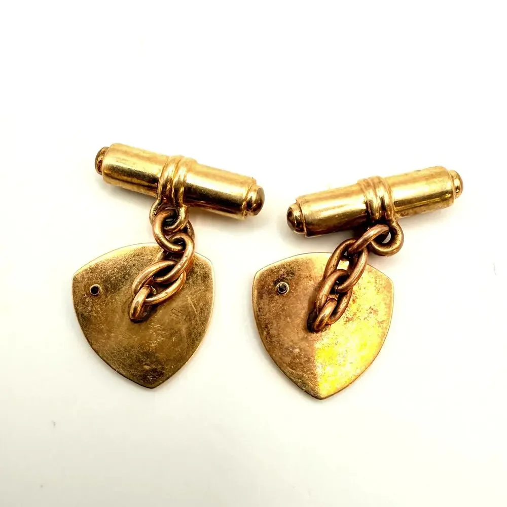 Vintage Art Deco Shield 10K Gold Chain Link Cuff Links Accent Diamond Geometric